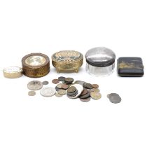 Jewel boxes, silver topped jar, coinage, cufflinks and studs.