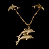 A 9 carat yellow gold double dolphin pendant on a chain and pair of dolphin earstuds.