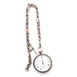 A silver open face pocket watch and Albert watch chain.