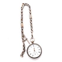 A silver open face pocket watch and Albert watch chain.