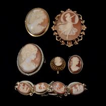 Five carved shell cameo brooches / pendants and a cameo panel bracelet.