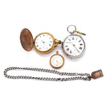 A yellow metal fob watch, gold-plated pocket watch, silver pocket watch, and Albert watch chain.