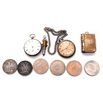 Two silver open face pocket watches, silver Albert, metal vesta/stamp case, Victorian and other crow