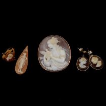 A carved shell cameo brooch / pendant, pair of earrings, single earring and loose cameo.