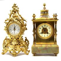 Onyx and brass mantel clock, and another cast brass mantel clock with Quartz movement