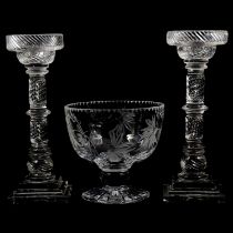 Pair of cut glass candlesticks, and cut glass pedestal bowl.