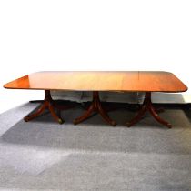 Regency style mahogany triple pedestal dining table, with additional leaves