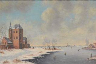 Dutch school, J Schuiermann, Winter landscape with skaters on a pond