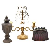 Two Victorian copper moulds, modern candlesticks,