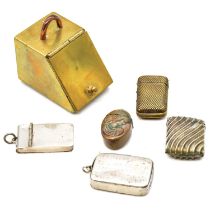 Five vesta cases and a miniature brass coal scuttle,