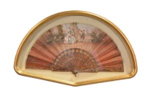 19th century French painted fan, cased