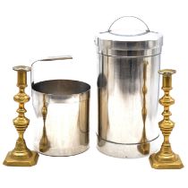 Vipan & Headly of Leicester diary metalware, brass candlesticks, oil lamp.