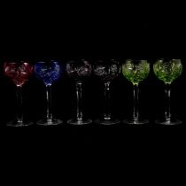 Set of six harlequin coloured hock glasses