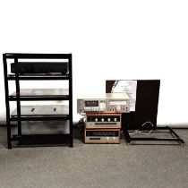 Various audio amplifiers, units, and Mana Acoustics hi-fi and speaker stands