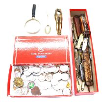 Silver backed mirror, pocket and pen knives, Esso and other football medals, etc.,