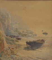 T Hart, Fishermen and Lobster Pots in a cove