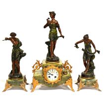 French onyx and patinaed spelter clock garniture