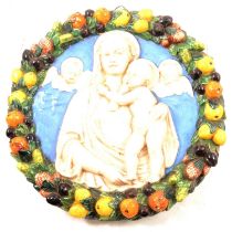 Italian Della Robbia style lead-glazed plaque, Madonna and Child, diameter 33cm.