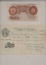 Bank of England P S Beale White Five Pound Note and Ten Shillings Note.