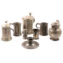 Swedish pewter tankard, incorporating a portrait medallion to the lid, 22cm; and other items of