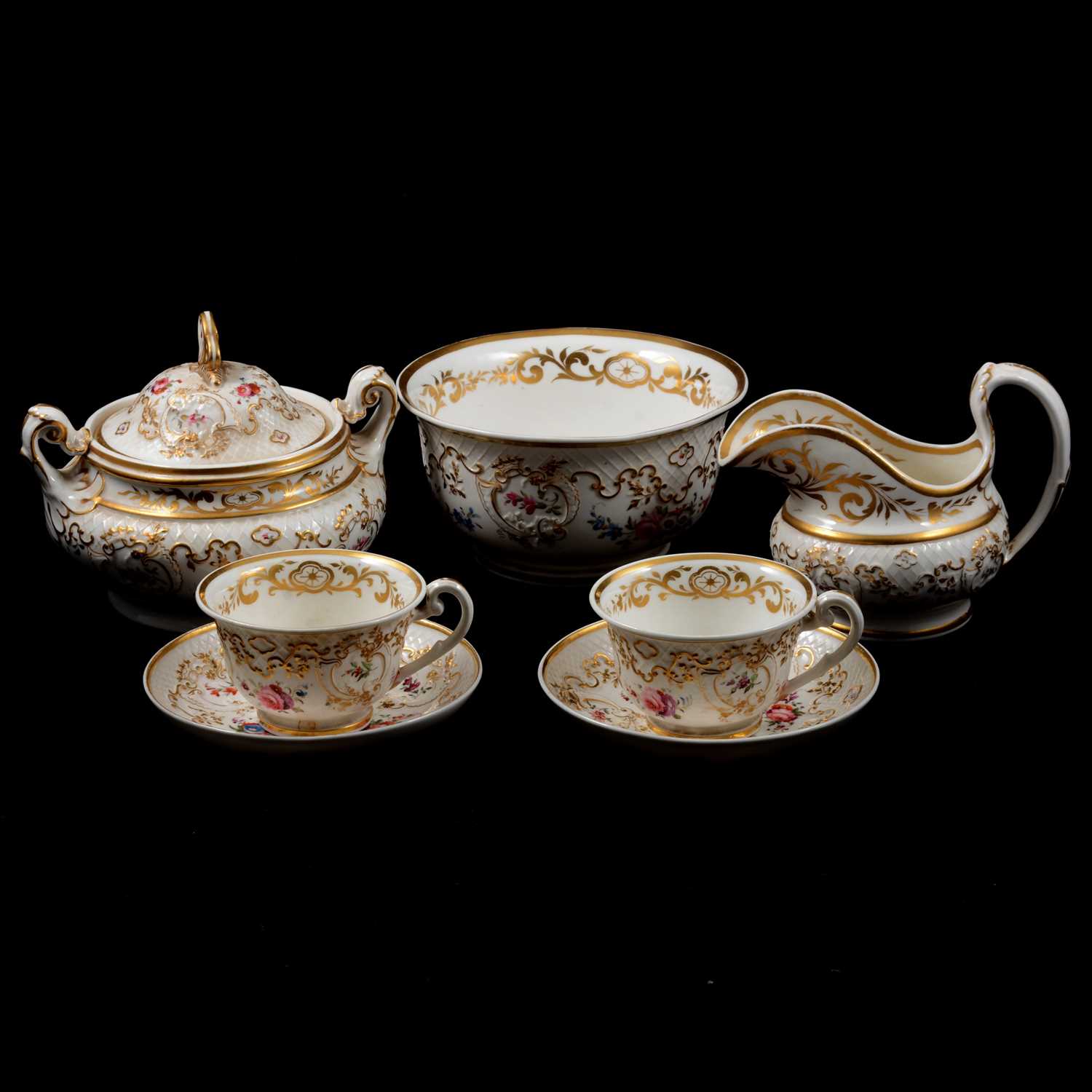 English bone china tea set, possibly Daniels, circa.1830, floral decoration, no.2/824. Condition