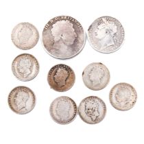 George III crown, George IV half-crown and shillings.