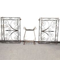 Pair of French style wrought iron panels and a metal stick stand,