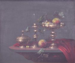Josef Molnar, still life of fruit on brass tazza with oil lamp and lidded bowl.
