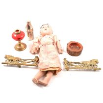 Oriental papier-mache doll; a pair of Chinese silk embroidered slippers; a wooden tie press; other