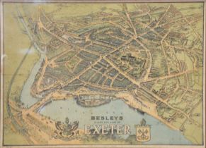 Besleys Bird's-eye view of Exeter, chromolithographic plan, and two schoolroom maps, Philips' Europe