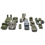 Fourteen die-cast military vehicles, including Dinky, Husky, Matchbox and others