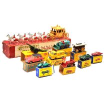 Ten die-cast model vehicles, including Dinky, Spot-On, Matchbox and Lesney, boxed