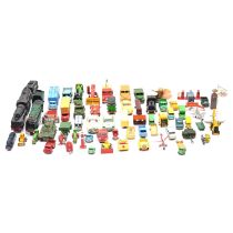 A tray of die-cast model vehicles, with resin model locomotives