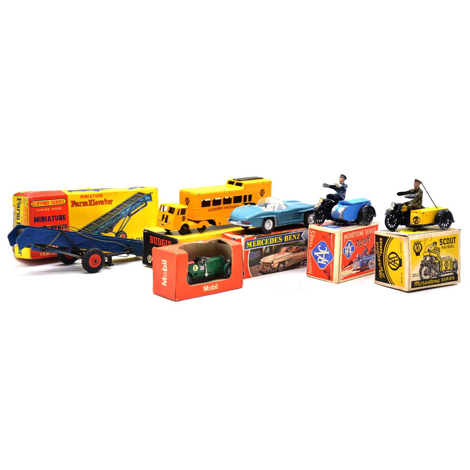 Six die-cast model vehicles, including Morestone, Clifford, Budgie and others