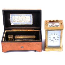 Maple cased Swiss musical box, and a brass-cased carriage clock