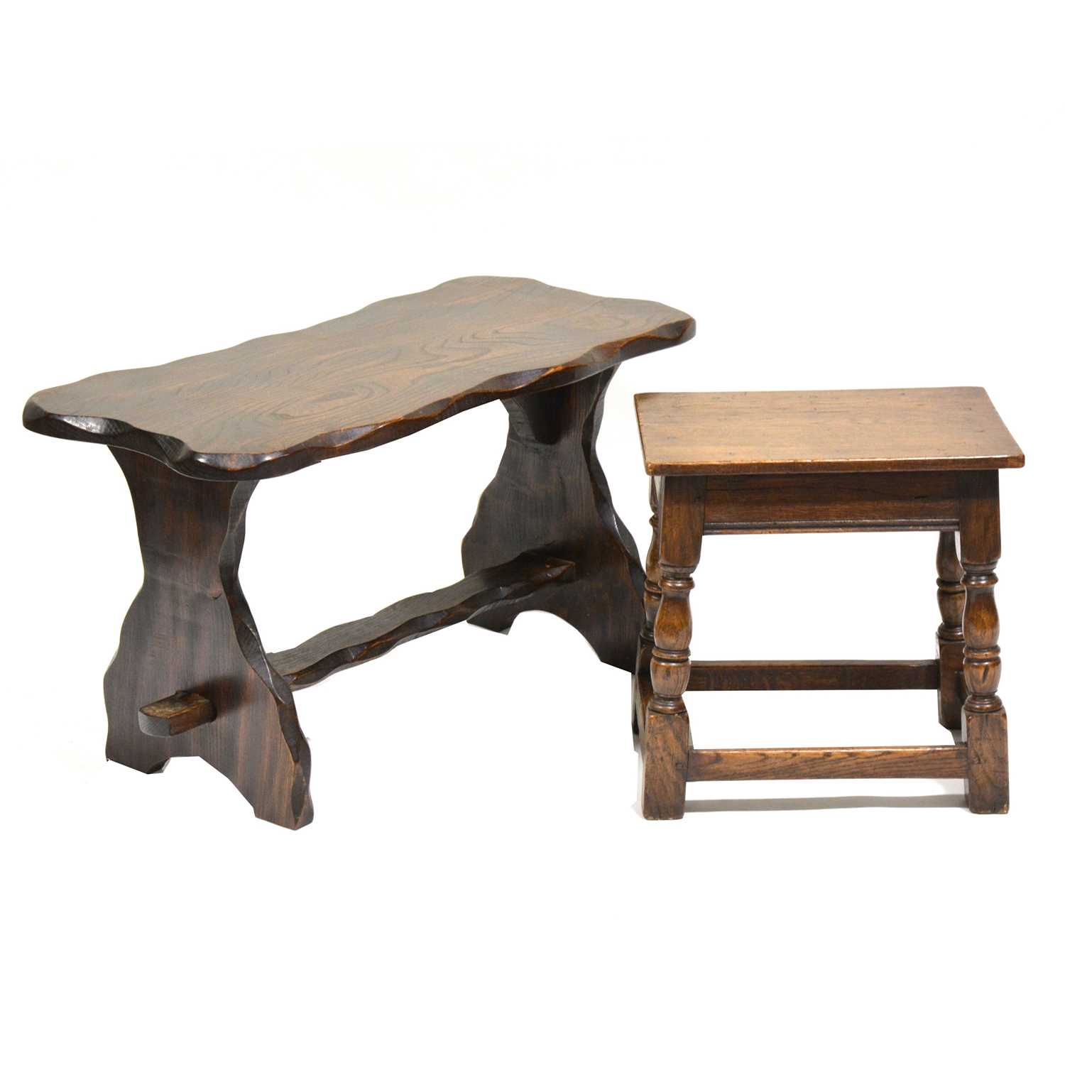 Modern oak joint stool and an elm coffee table,