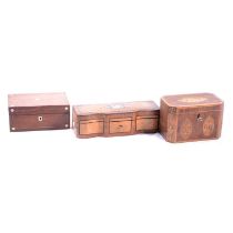 Victorian figured walnut workbox, Georgian tea caddy, and a French glove box