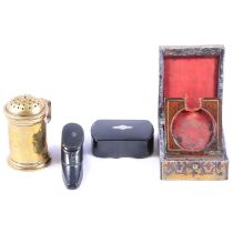 Two ebonised snuff boxes, a brass pepper pot, and a Boulle work watch case