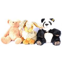 Three boxes of various soft toys,including Steiff ref. 064258 Panda (x2); John Lewis 'Classic
