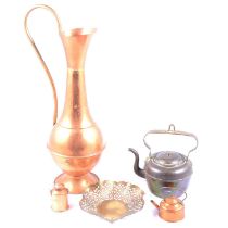 A collection of copper and brasswares, to include graduated skillets with iron handles, modern