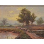 Follower of Joseph Farquharson, Sheep and drover at dusk