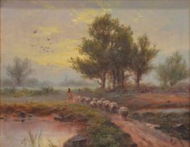 Follower of Joseph Farquharson, Sheep and drover at dusk