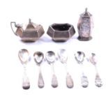 Silver three-piece condiment set, John Round, Sheffield 1921, and other silver