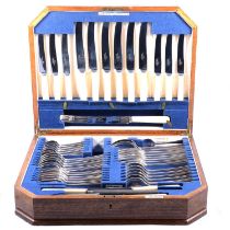 Six-place canteen of Old English pattern cutlery, electroplated Walker & Hall, in a fitted oak case;