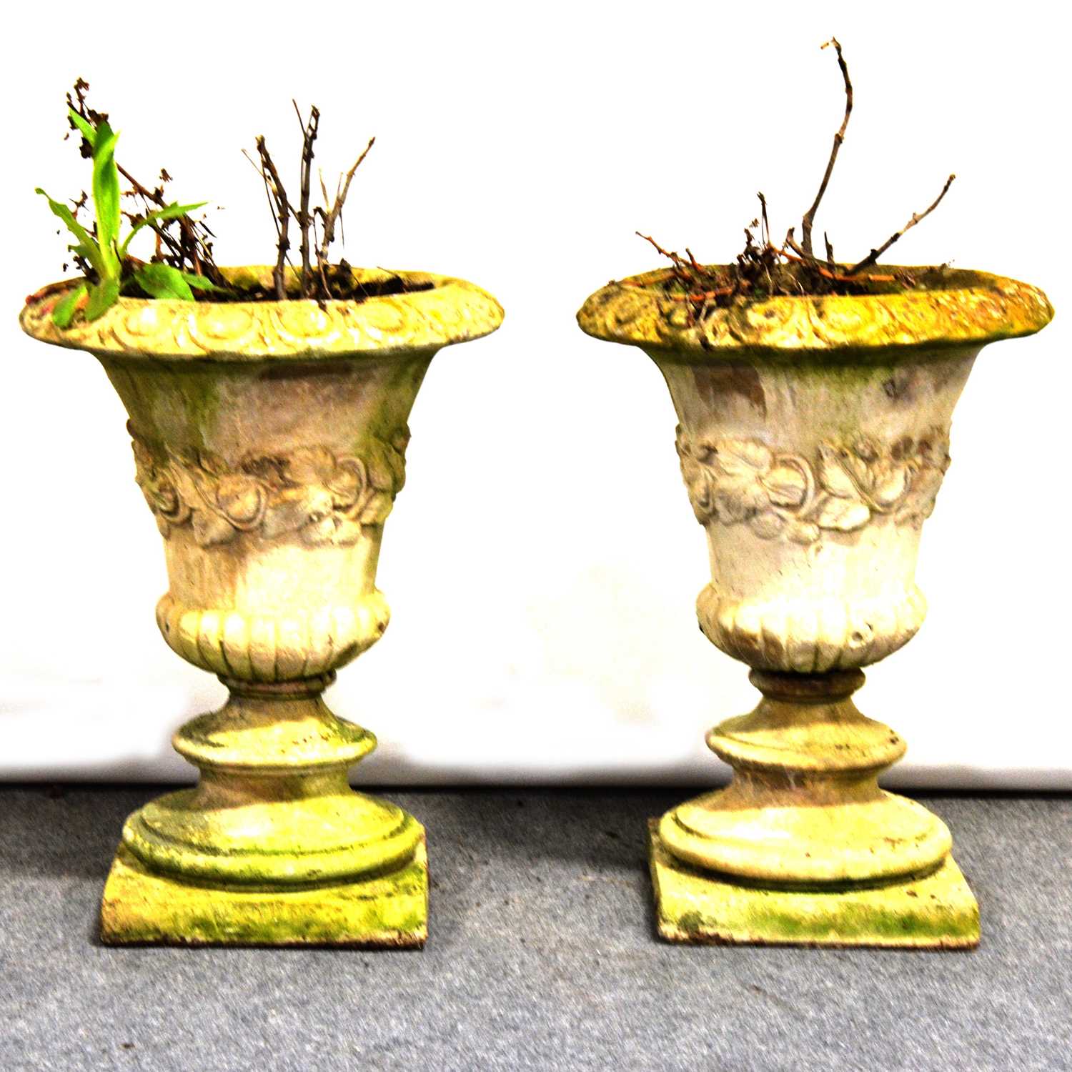 Pair of reconstituted stone pedestal planters,