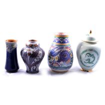 Doulton Lambeth Art Nouveau vase, a Poole Pottery vase, and Carlton vase and cover