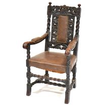 Victorian carved oak elbow chair,