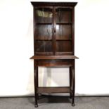 Edwardian oak display cabinet on stand,