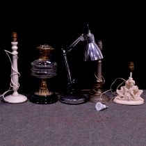 Five assorted lamps, including a glass and brass oil lamp, and a modern anglepoise desk light