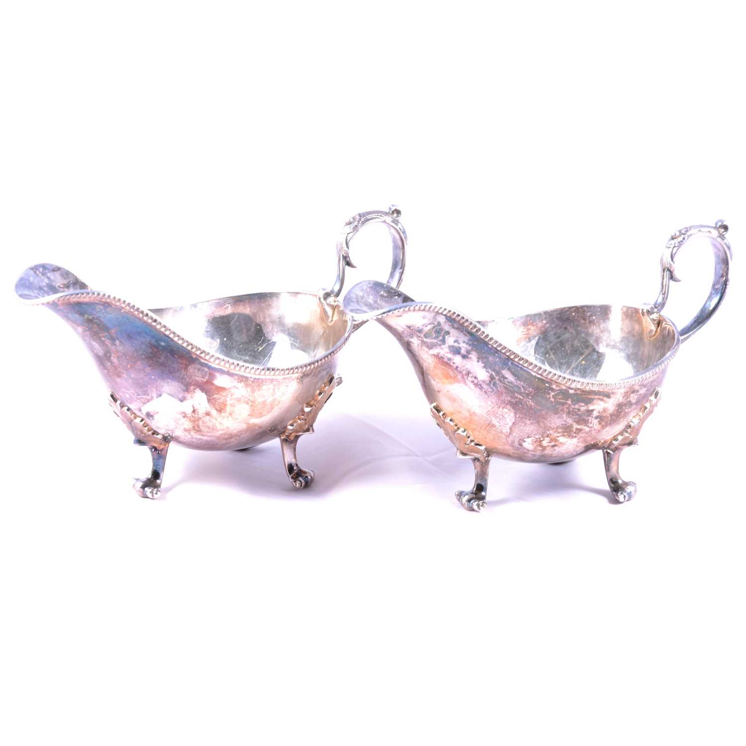 Pair of Victorian silver sauceboats, James Dixon & Sons Ltd, Sheffield 1895, beaded outline, leaf-